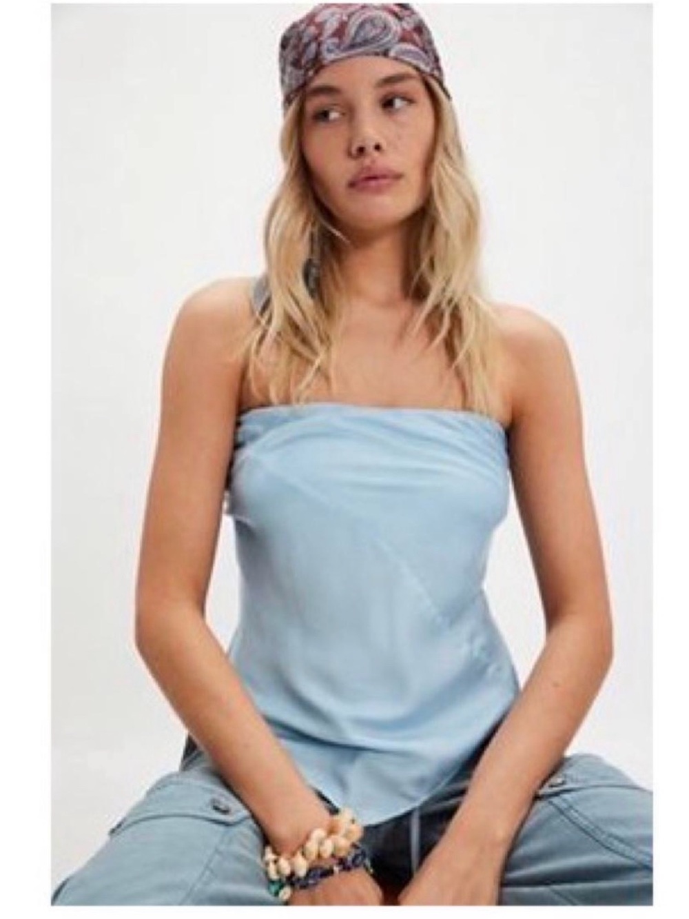 Free people one raya long satin top in size xs in the color blue trellis